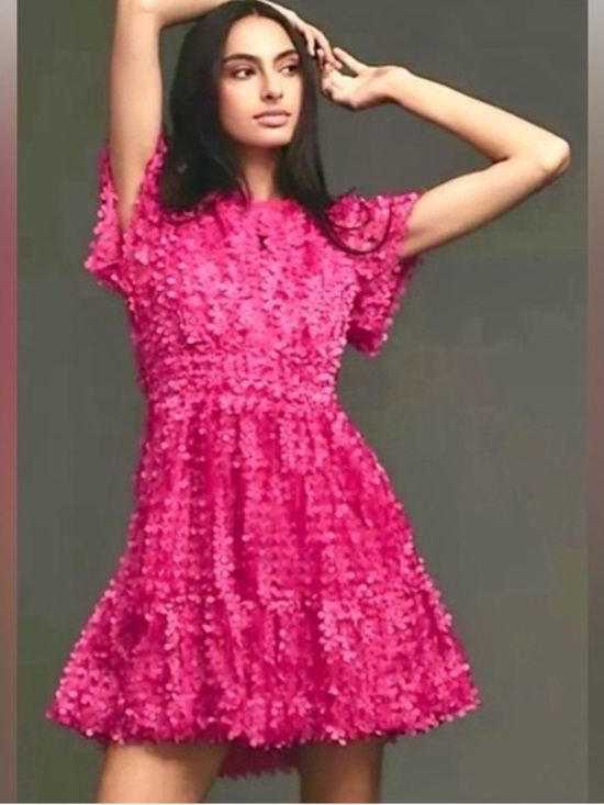 Anthropologie Dresses & Skirts - Bright Pink Textured Short Sleeve Mini Dress